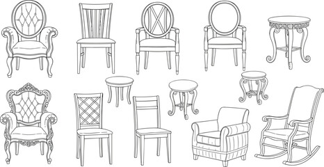 Set of Classic and Modern Furniture Outline Drawings Featuring Chairs, Armchairs, and Vintage Side Tables.
