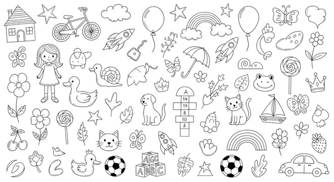 Set of hand drawn doodle elements childish drawing style vector illustration isolated on perfect for textile, poster, postcard, wallpaper, etc