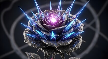 A stunning 3D rendered rose composed of dark polygonal facets with sharp neon blue spikes and a bright purple glowing core at its center
