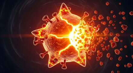 A powerful 3D render of a viral cell or COVID particle dramatically exploding with intense fiery orange light, symbolizing disease eradication, virus defeat, and breakthrough medical treatment concept