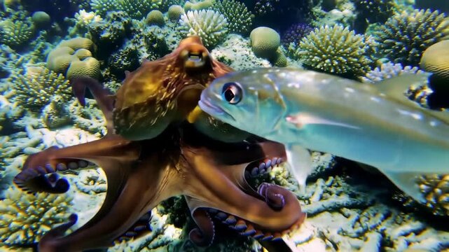 Underwater scene of an octopus and a fish near coral reef with marine life.