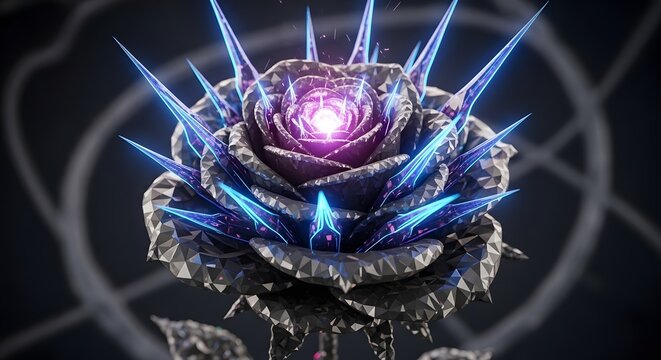 A stunning 3D rendered rose composed of dark polygonal facets with sharp neon blue spikes and a bright purple glowing core at its center
