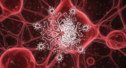 A stunning abstract macro visualization of a fragile, icy snowflake structure integrated with multiple virus particles, suspended within a network of glowing red blood cells for medical and disease