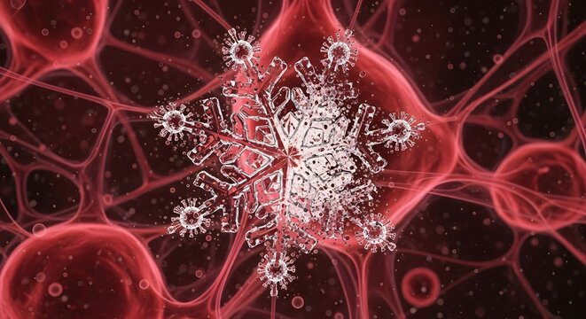 A stunning abstract macro visualization of a fragile, icy snowflake structure integrated with multiple virus particles, suspended within a network of glowing red blood cells for medical and disease
