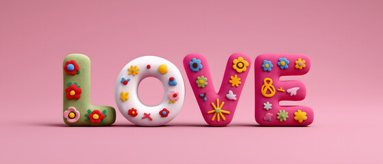 Groovy Retro Repeat, valentine: Love typography conveys peace and happiness on bright pink background. Symbol gives cheerful and positive vibe
