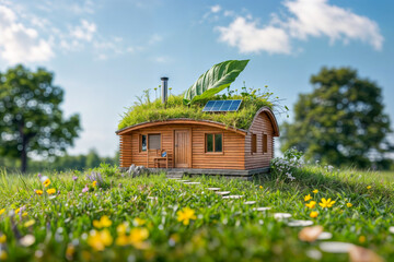 Eco-friendly tiny house with green roof and solar panels in sunny field