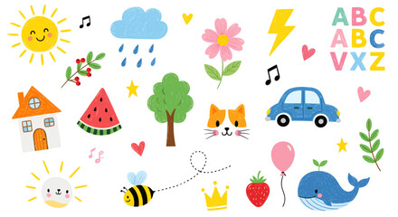 A delightful collection of handdrawn childrens illustrations isolated on, featuring a sun, cloud, house, watermelon, tree, cat, car, and more