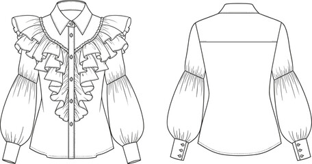 Women's blouse with ruffles and puff sleeves, fashion flat sketch, technical drawing template, front and back view, vector illustration - cad drawing flat vector