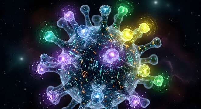 Abstract glowing coronavirus particle rendered with vibrant neon colors and integrated digital circuit patterns, symbolizing technology, viruses, and digital threats