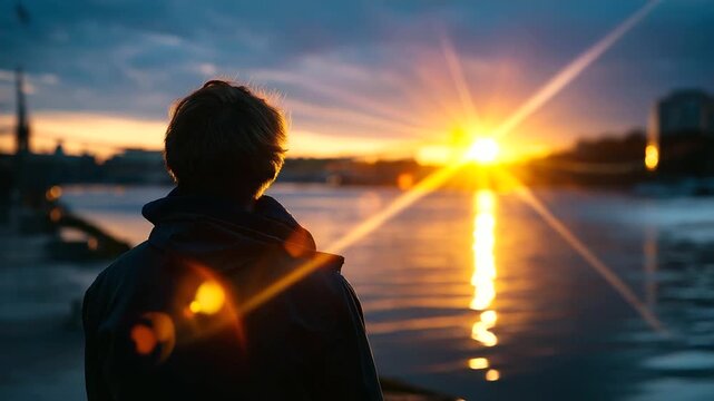 Anonymous observer silhouette with defocused figure and sharp cinematic river sunset with brilliant flares visible, with copy space