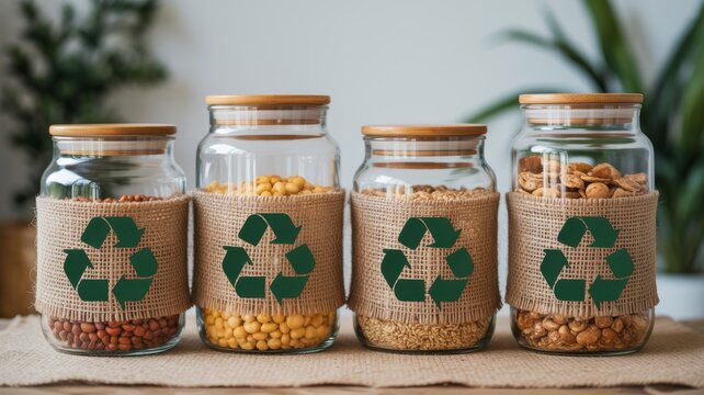 A collection of eco-friendly jars filled with various grains and nuts, featuring burlap wraps and recycling symbols, emphasizing sustainability and organization.