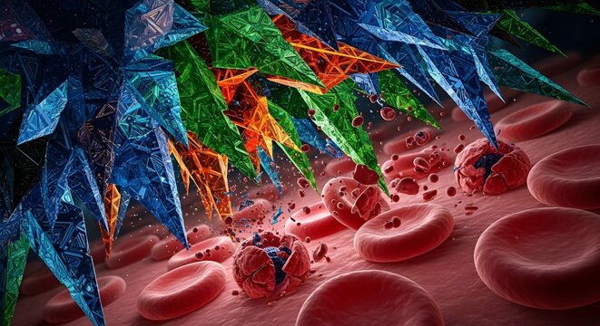 Abstract, sharp polygonal structures in vibrant blue, green, and orange attacking tiny red blood cells, depicting microscopic virus infection and medical threat