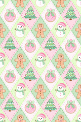 Seamless argyle pattern. Colorful harlequin repeat pattern in green and red for Christmas. Winter vector graphic background for textile and prints. Christmas tree, snow man, ginger bread, lights