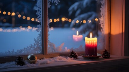 Single red and yellow candle burning on a windowsill with frosted glass and outdoor bokeh lights