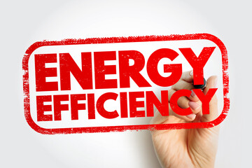 ENERGY EFFICIENCY stamp with hand holding marker, forming a bold sustainability message inside a textured rectangular frame, highlighting conservation awareness and performance improvement emphasis