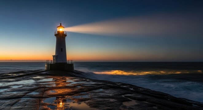 Dramatic lighthouse shining bright beacon at dusk guiding ships safely home along rugged coastline