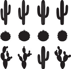 Collection of Black Silhouette Cactus Icons and Illustrations on White Background cacti desert also transparent background