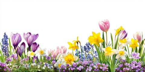 A Vibrant Display of Spring Blooms: Captivating Collection of Colorful Flowers in Full Bloom Decorating a White Background