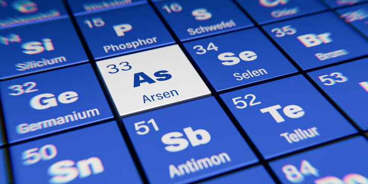 Detail view of chemical element As Arsenic (German: Arsen) with atomic number 33 within the periodic table of elements in German. Dynamic dispersion effect at the corners and shallow depth of field.