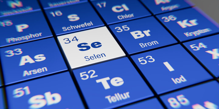 Detail view of chemical element Se Selenium (German: Selen) with atomic number 34 within the periodic table of elements in German. Dynamic dispersion effect at the corners and shallow depth of field.