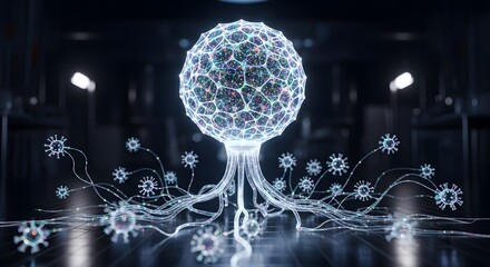 Futuristic glowing neural network or AI brain connected to miniature virus particles, conceptualizing biotechnology, disease research, or a digital pandemic