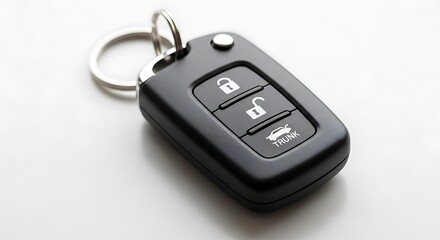 Close-up of a modern black car key fob with buttons for lock, unlock, and trunk release, attached to a silver metal keyring, on a white surface.
