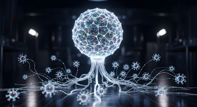 Futuristic glowing neural network or AI brain connected to miniature virus particles, conceptualizing biotechnology, disease research, or a digital pandemic