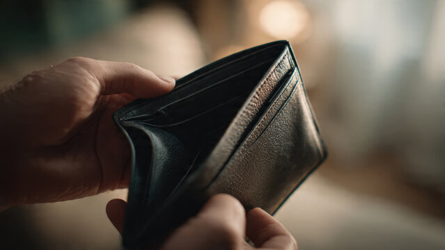 Hands hold an open, empty black leather wallet, showing barren compartments. This signifies financial hardship, being broke, and lack of funds.
