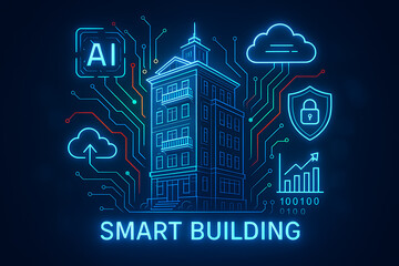 Smart building neon illustration symbolizing artificial intelligence cloud computing secure data technology automation and futuristic architectural systems