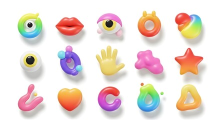 Set of fifteen various colorful trendy glossy shapes and objects including eye, lips, hand, heart, star, pear isolated on white