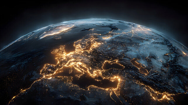 Futuristic view of earth from space with illuminated world map detailing global city networks
