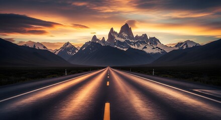 Scenic Route Through Patagonia at Sunset a Majestic Mountain Range with Snow Covered Peaks and Open Road and Golden Sky and Dramatic Clouds