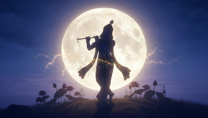 Naklejka premium The shadow of Lord Krishna stands playing the sacred flute amidst the glittering full moon.