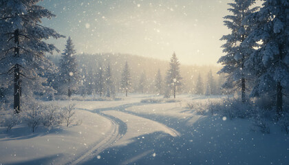 A pine forest in winter, covered with snow, with a path or car passing through.