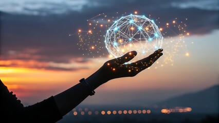 Woman holding futuristic digital global network with connection lines representing global connectivity and technology on a sunset sky background