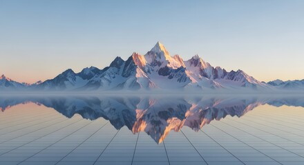 Snowy mountains reflection on water surface a serene alpine vista with mirrored peaks in calm water during the golden hour scenery