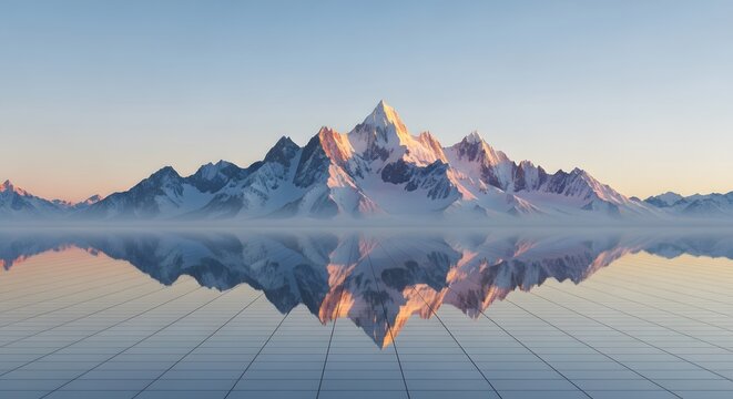 Snowy mountains reflection on water surface a serene alpine vista with mirrored peaks in calm water during the golden hour scenery