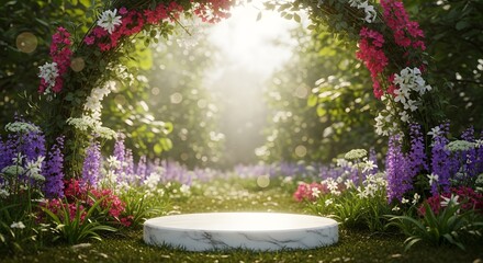 White marble podium in tranquil garden with flowering archway perfect for product display and botanical themed showcases stands alone beautifully