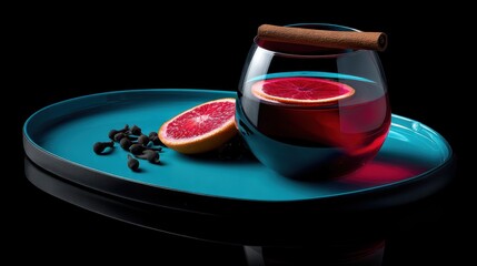 mulled wine on polished tray with wobbly tilt and rich glow