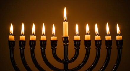 A traditional menorah with all nine candles lit, creating a warm, spiritual glow. This image symbolizes the Jewish holiday of Hanukkah, ideal for festive greetings or cultural content.