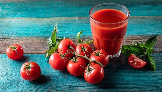 fresh tomatoes and a glass of tomato juice on a rustic wooden surface - Powered by Adobe