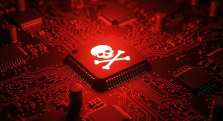 Red glowing skull and crossbones symbol on a computer chip, representing a severe cyber security threat, malware, or data breach
