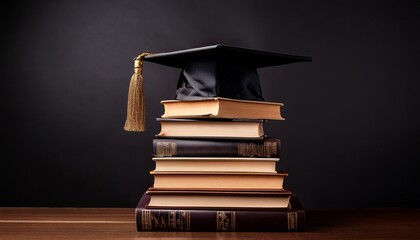 a stack of books with a graduation cap on top against a black background in a vertical shot