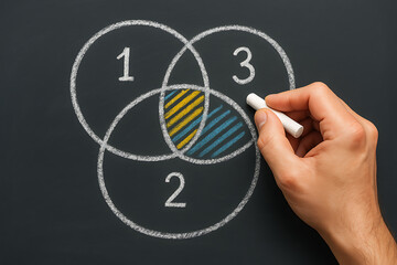 Venn diagram concept with numbered circles chalk drawn highlighting intersection representing analysis comparison and logical relationship