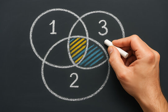 Venn diagram concept with numbered circles chalk drawn highlighting intersection representing analysis comparison and logical relationship