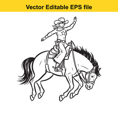 Obraz premium Black and white line art vector illustration of a female cowgirl riding a bucking horse with one hand raised, isolated on