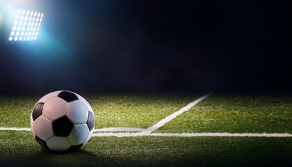 a football under spotlight on an empty field at night with dark copy space available for text or graphics