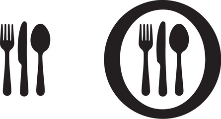 Black Silhouette Icons Of Fork Knife Spoon And Plate With Cutlery Set On White Background Keywords: cutlery, fork, knife, spoon, plate, icon, symbol, restaurant, also transparent background