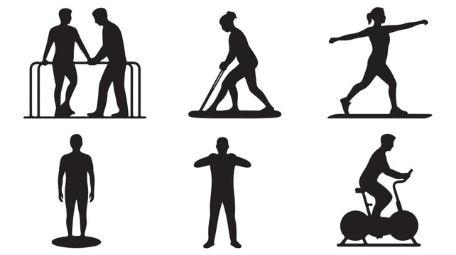 Set of rehabilitation exercise icons flat vector silhouette design for physical therapy and recovery programs