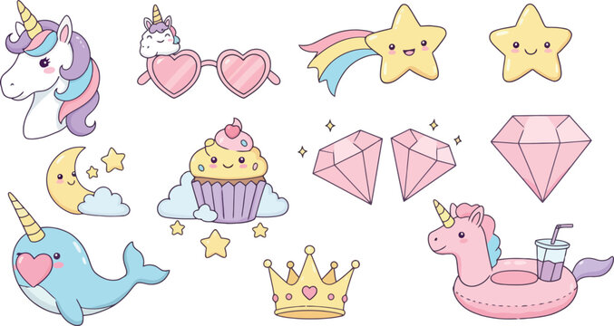 Collection of adorable cartoon unicorns stars rainbows and ice cream cones with party hats